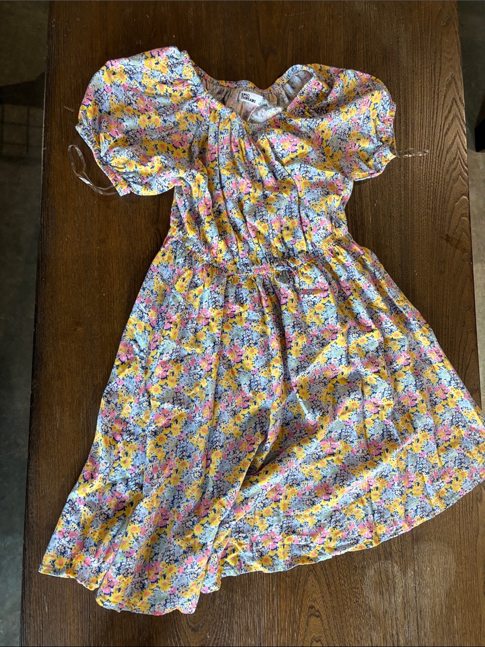 Epic Threads Yellow Floral Puff-Sleeve Dress with Pink & Blue Accents